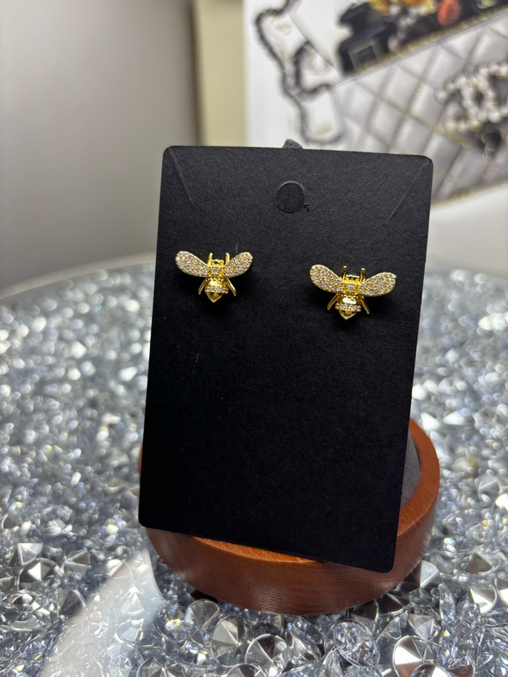 Gold Bee Crystal Stud Earrings
